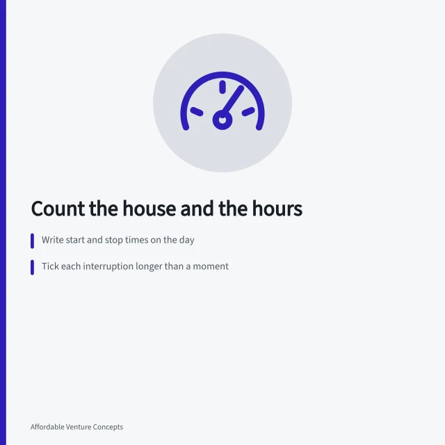 Card listing home business measures: hours worked, interruptions, space used. Home-based venture metrics: counting the house and the hours, not just cash