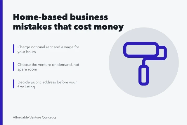 Card listing home-based business mistakes and their corrections. Some costly mistakes only happen because the business lives in a house