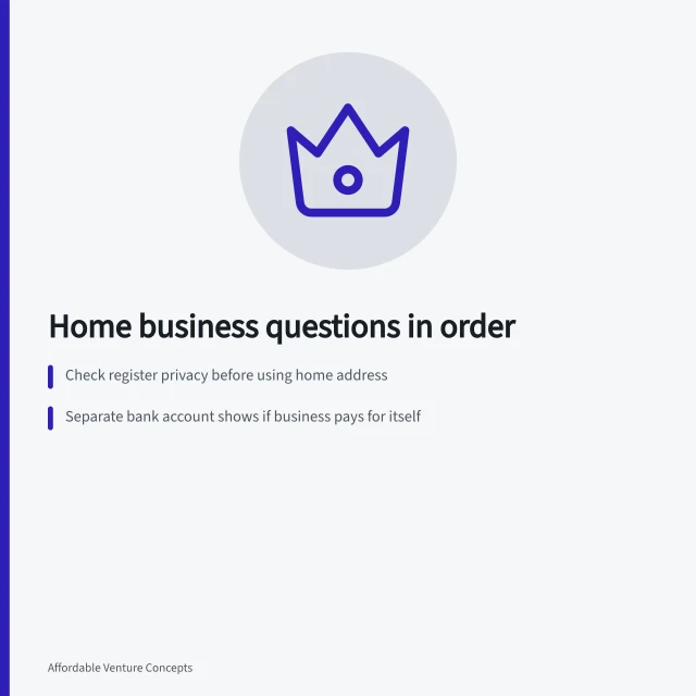 Card listing home business questions: permission, separation, ceiling. 3 questions home-based ventures answer in a predictable order