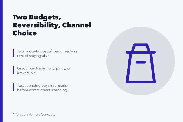 Card summarizing startup budget framework: two budgets, reversibility, channel choice. Reading ideas by startup budget framework with a sceptical eye