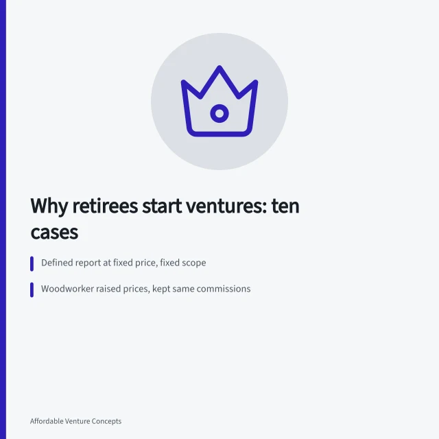 Ten retiree venture cases grouped by purpose and the one shaping decision. What ten ventures for retirees reveal about why people start them