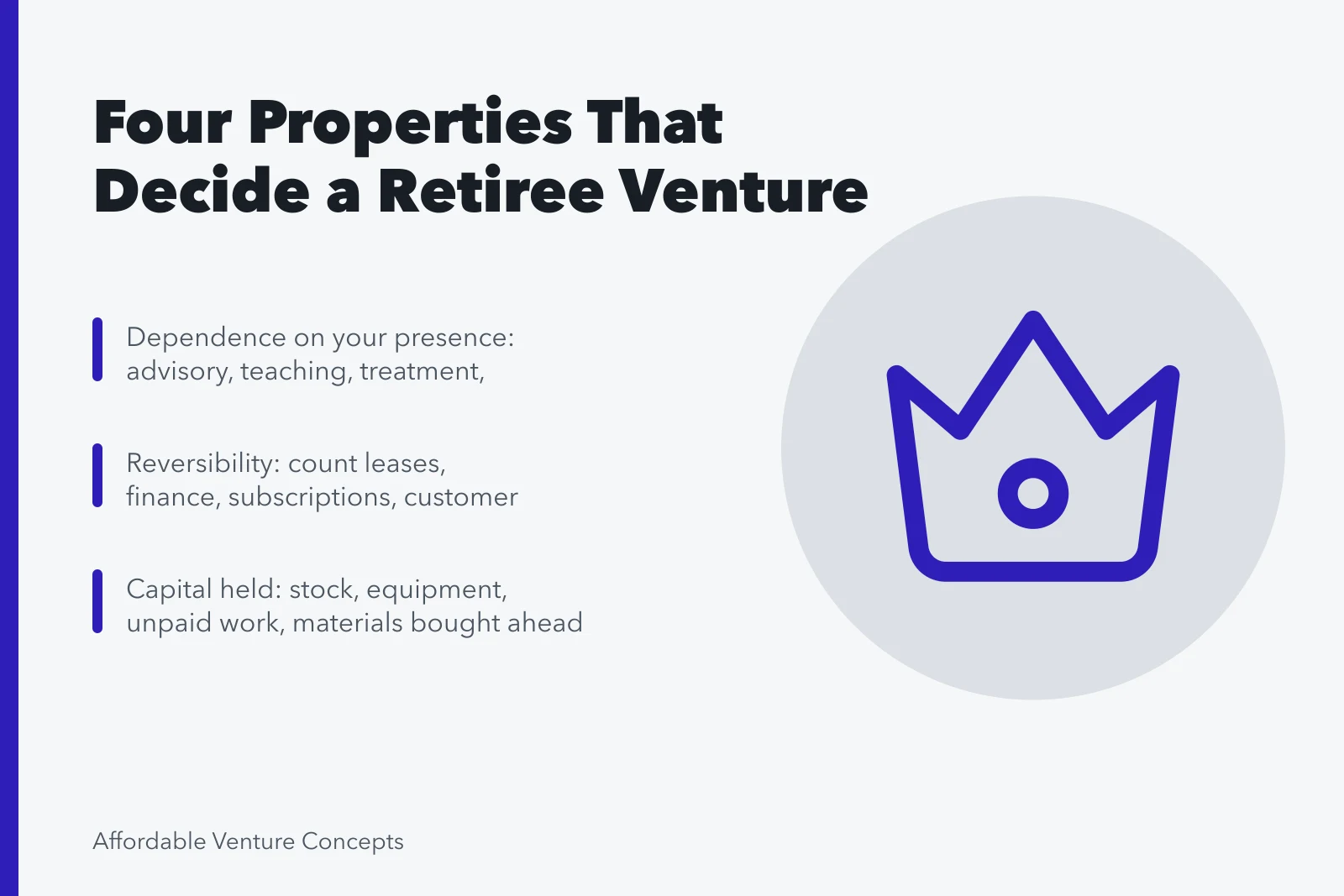 Card listing four properties that shape how a retiree venture runs. 7 plain facts about ideas for retirees framework
