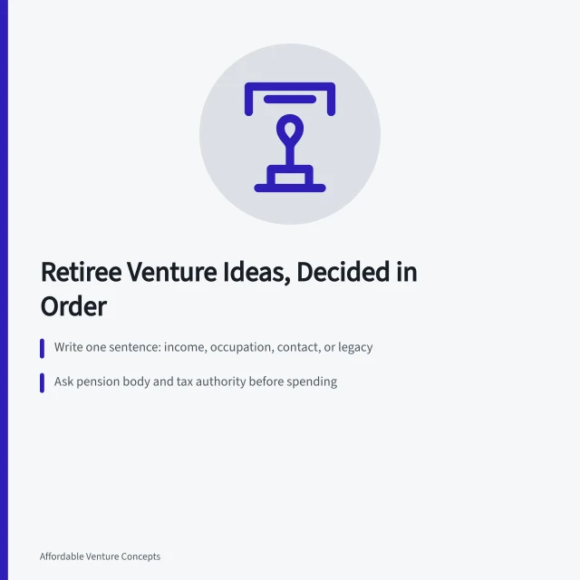 Sequenced steps for retirees choosing a small venture, from purpose to testing. Ideas for retirees, one decision at a time