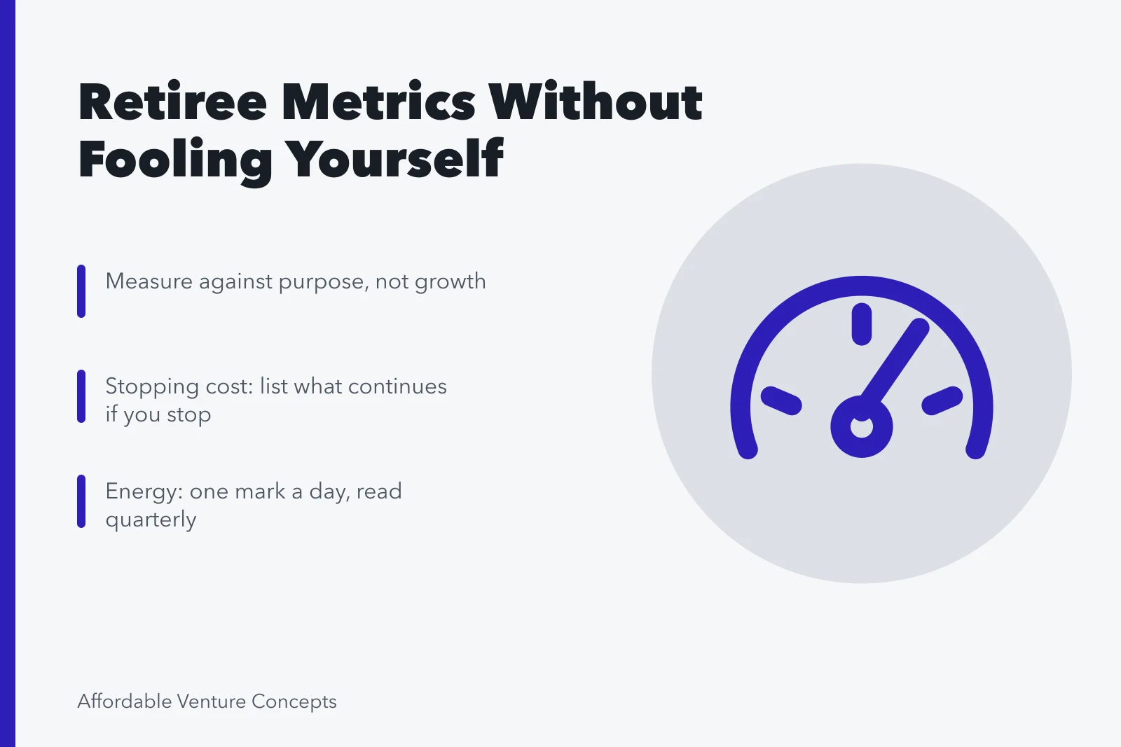Card summarizing retiree business metrics: stopping cost, energy, committed hours. Reading ideas for retirees metrics without fooling yourself