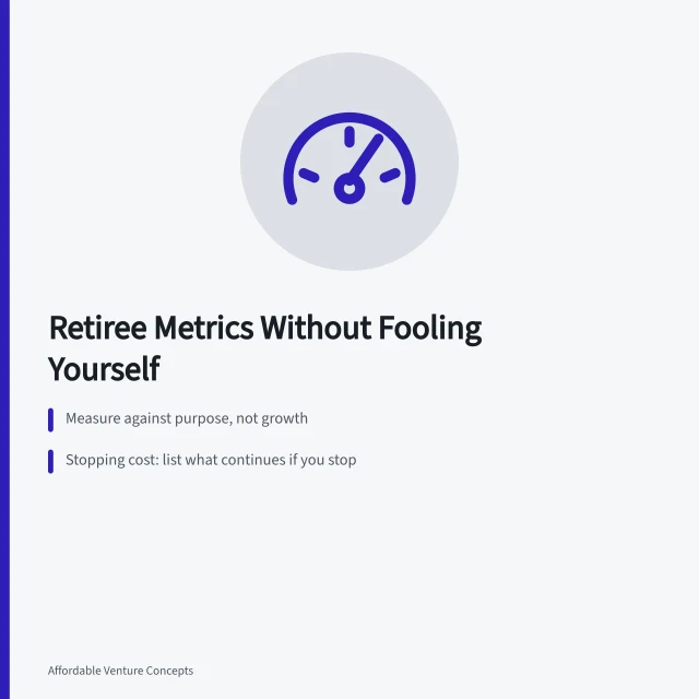 Card summarizing retiree business metrics: stopping cost, energy, committed hours. Reading ideas for retirees metrics without fooling yourself