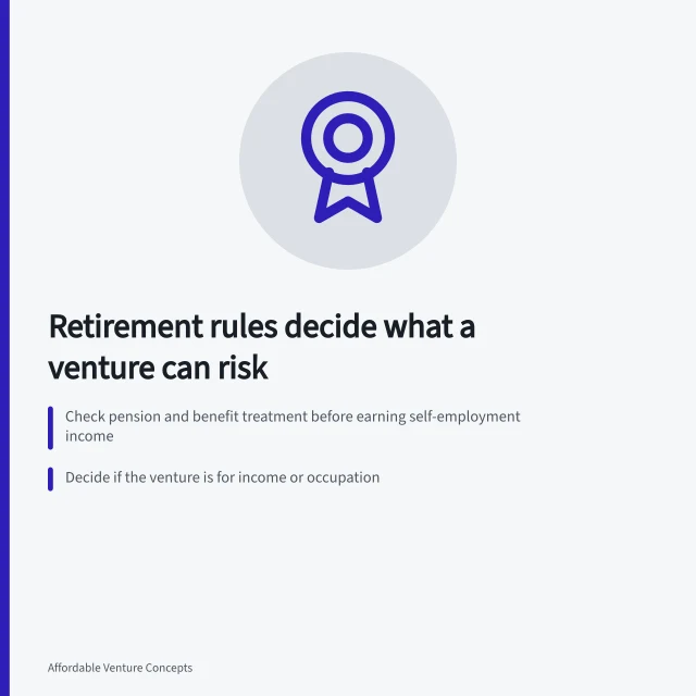 Card on retirement rules, pension checks, and designing a venture's ending. Retirement rules quietly decide what a retirees' venture can risk