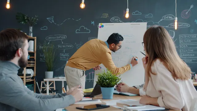 Man presenting ideas on whiteboard to colleagues Arab man is writing on whiteboard and speaking to colleagues in creative shared office during briefing on marketing plan. People, b. Local service ideas: methods, tools and useful context