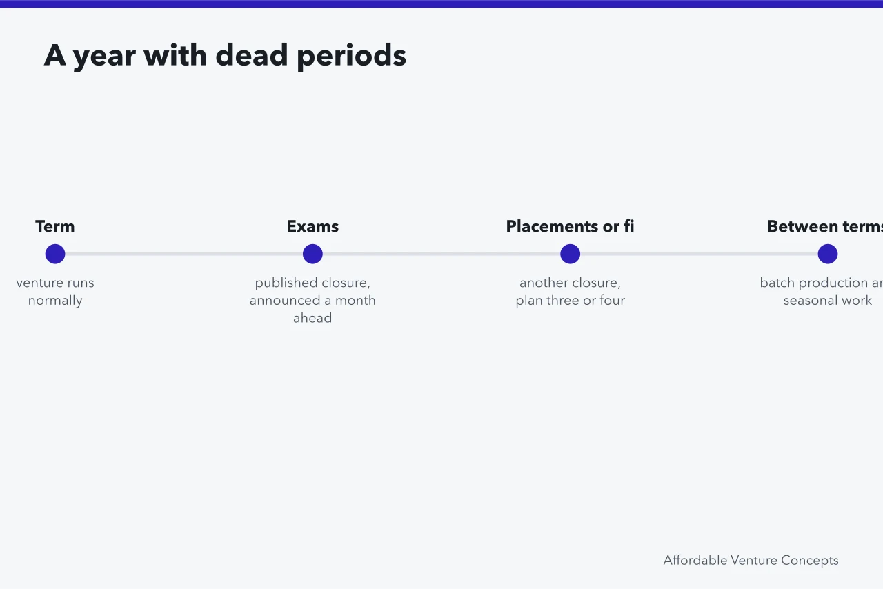 Timeline of a student year showing terms, exams, placements and holidays (Ideas for students questions: what people ask and what is true)