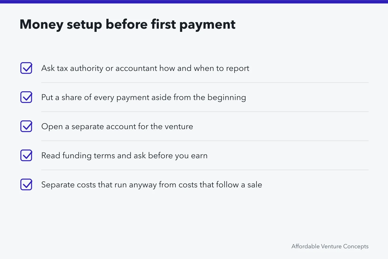 Checklist of money tasks: tax, savings, separate account, funding terms (Ideas for students questions: what people ask and what is true)